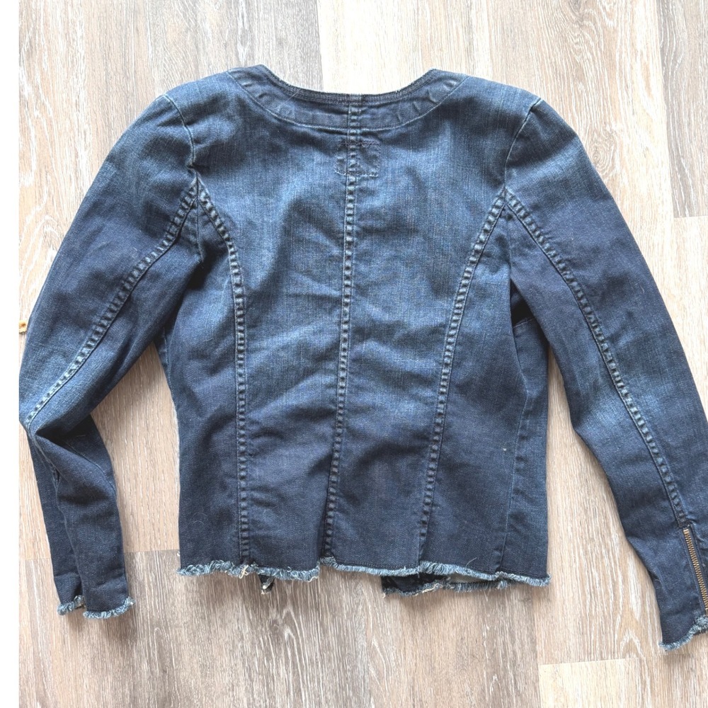 Lucky Brand Adamson Dark Wash Frayed Denim Jacket Moto Zip Womens Size S Small - Picture 6 of 11